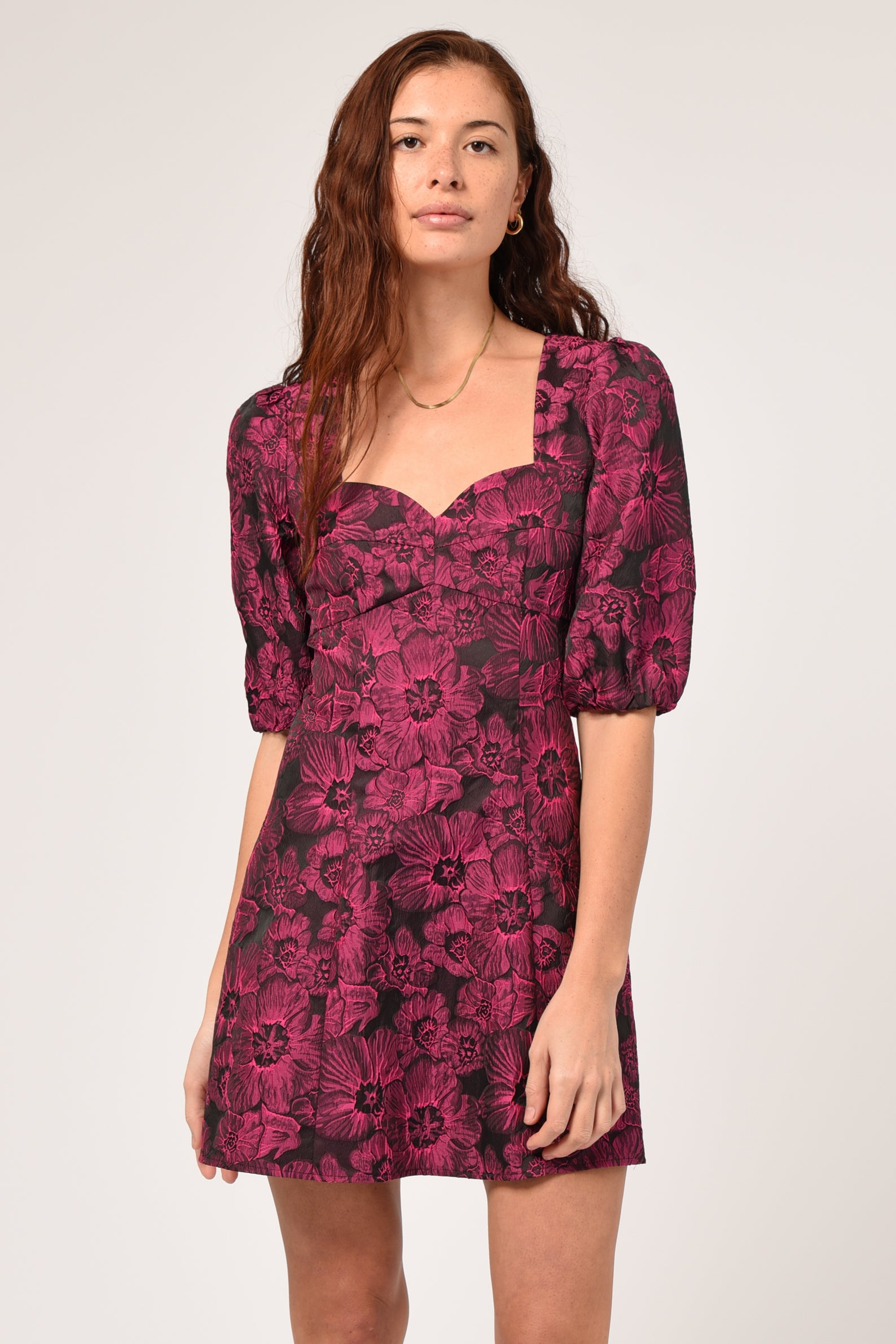 Vanessa Puff Sleeve Jacquard Dress - Adorn Boutique
