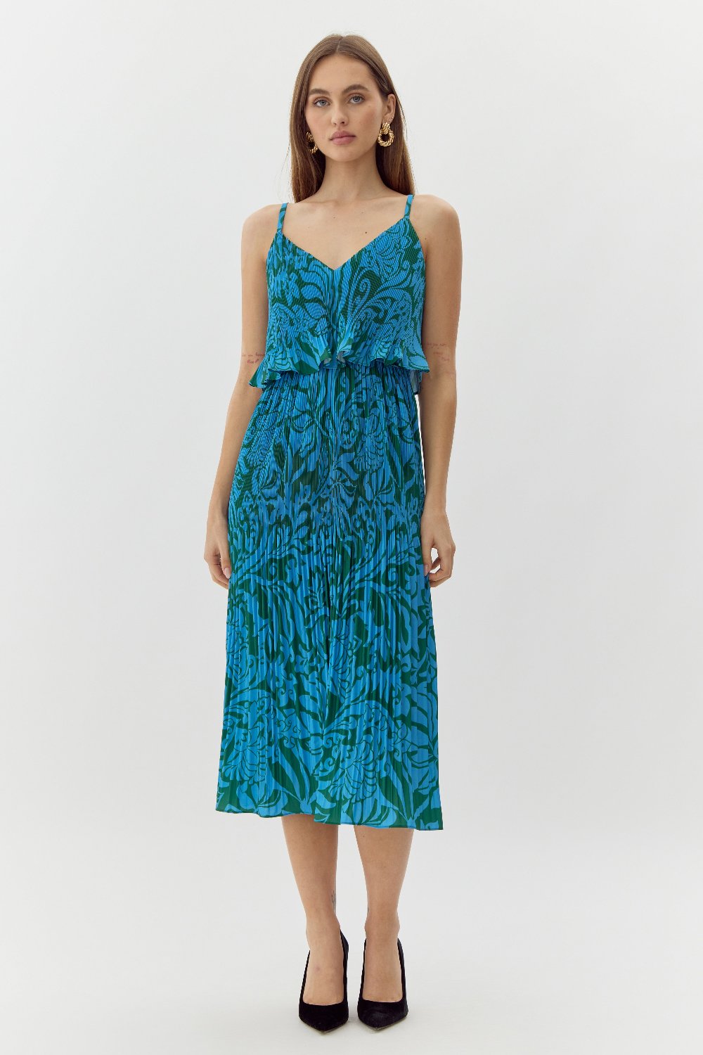 Nayla Overlay Pleated Print Midi Dress