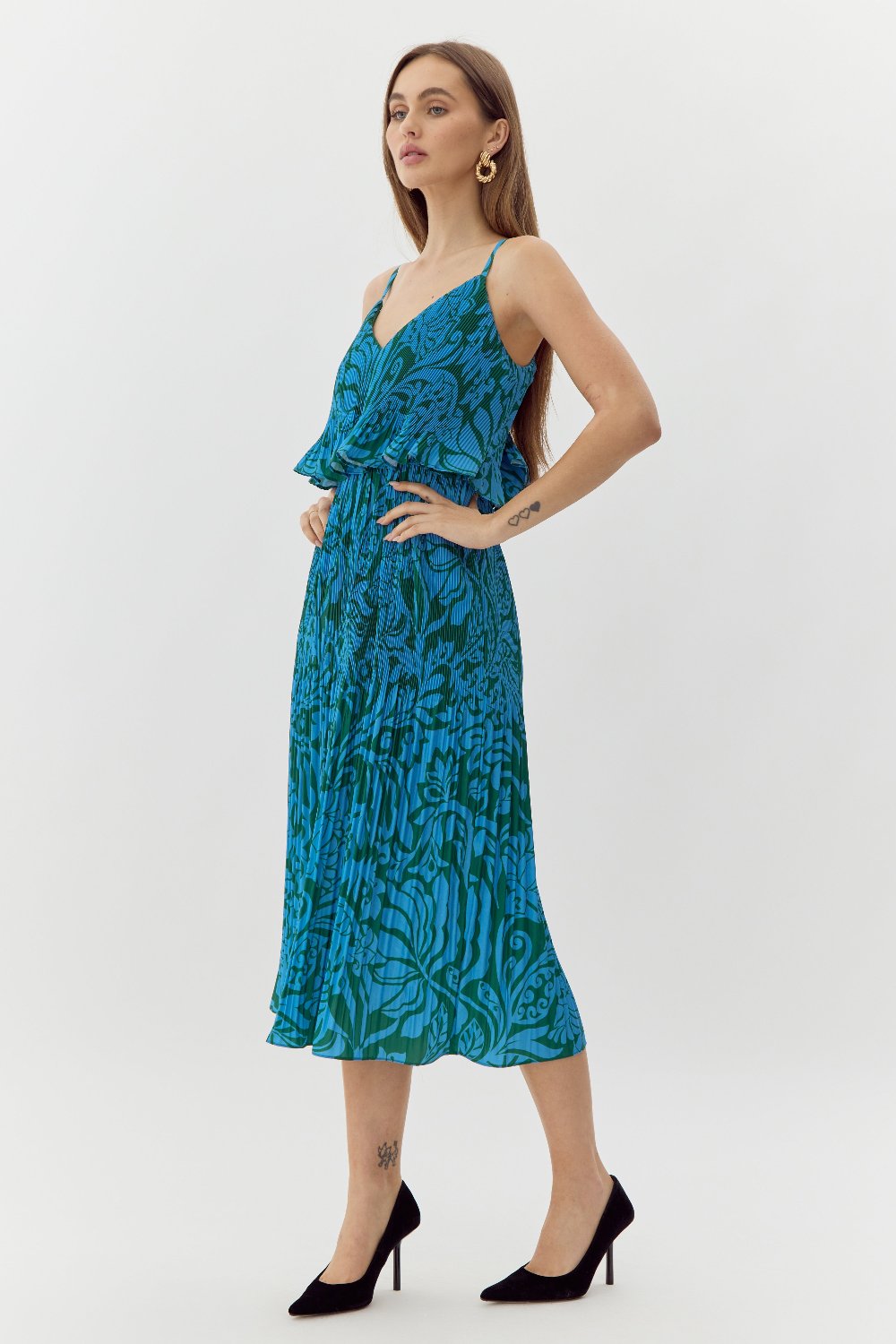 Nayla Overlay Pleated Print Midi Dress