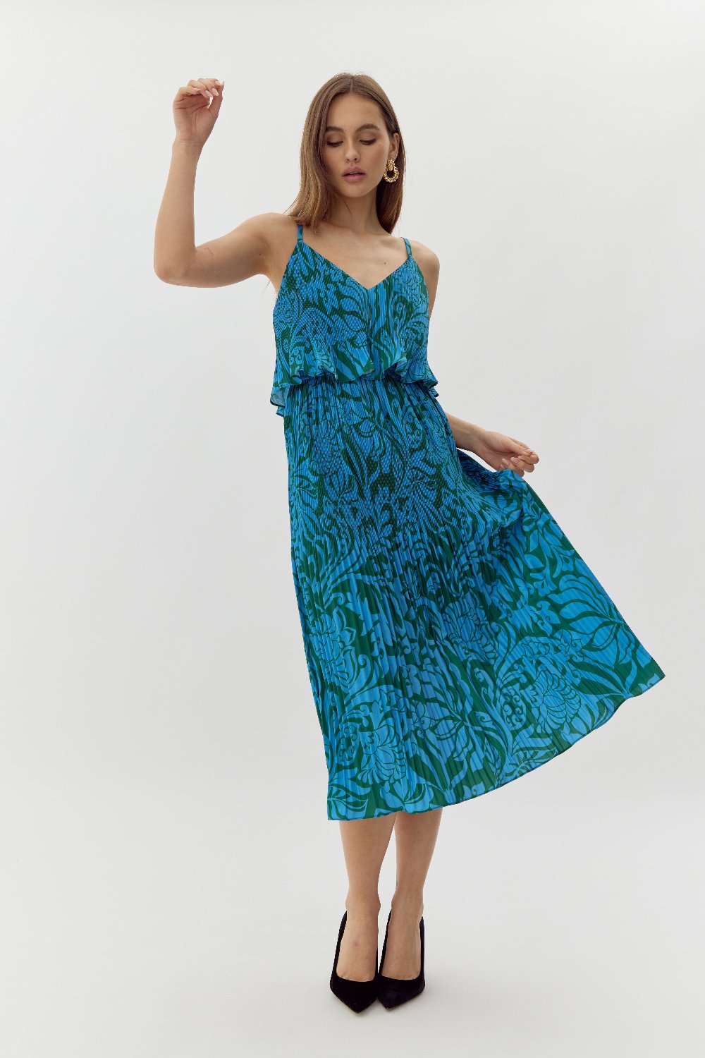 Nayla Overlay Pleated Print Midi Dress