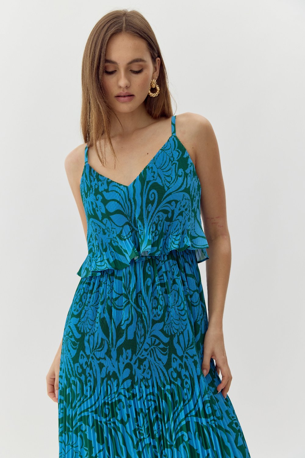 Nayla Overlay Pleated Print Midi Dress