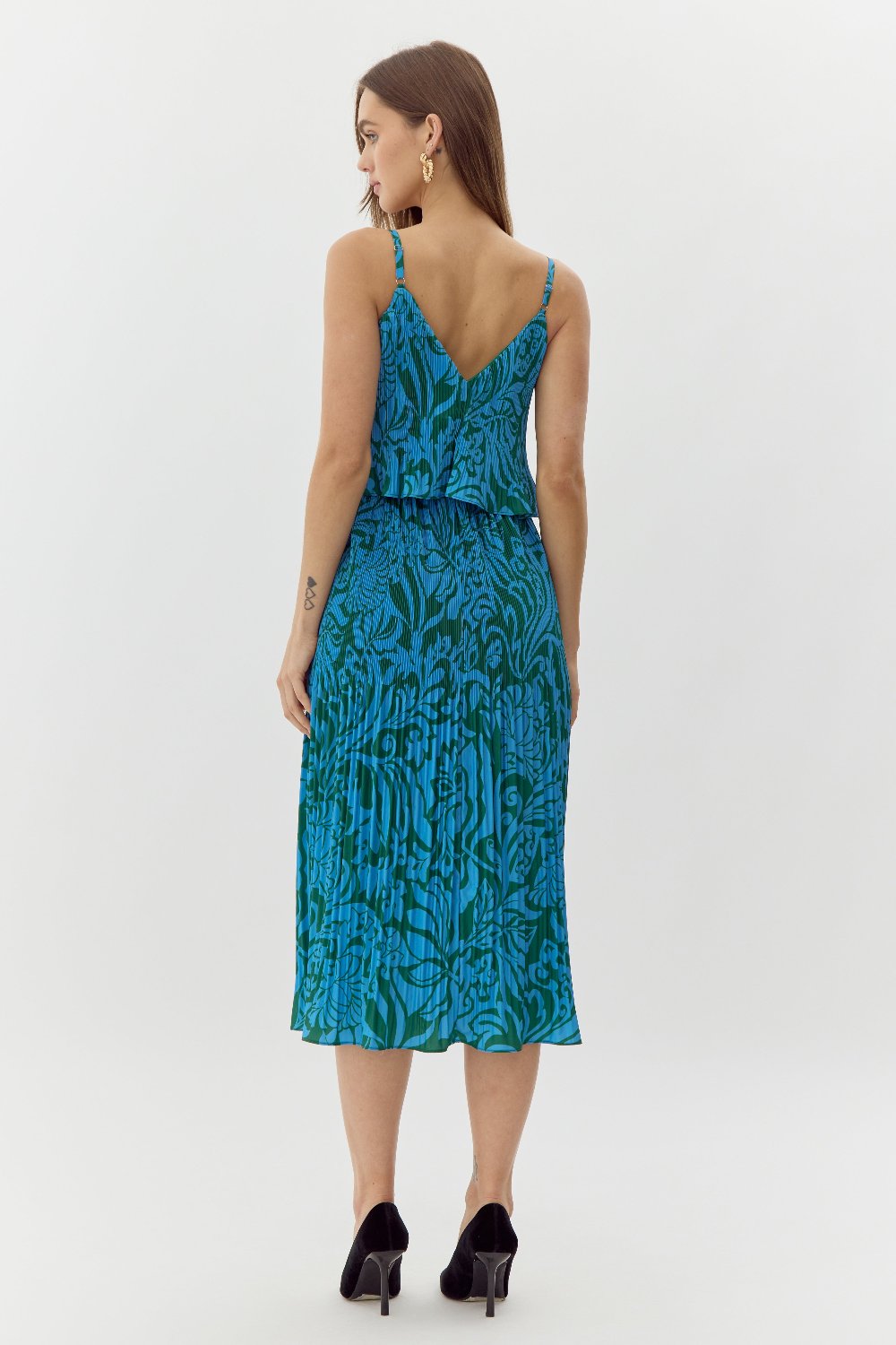 Nayla Overlay Pleated Print Midi Dress