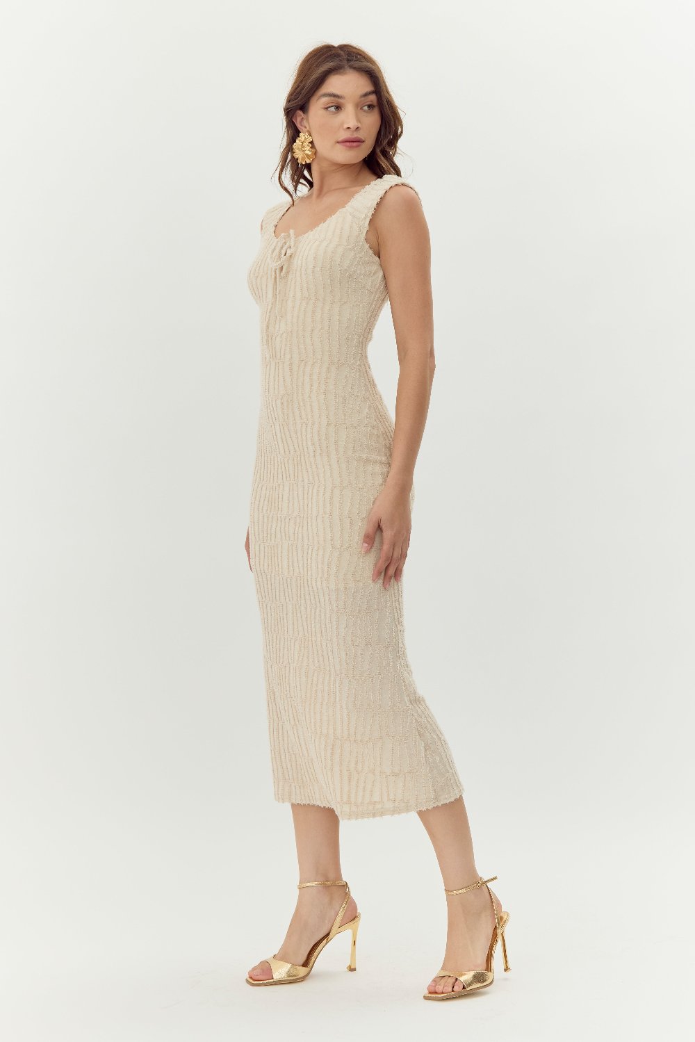 Delaney Front Tie Textured Burnout Knit Midi Dress