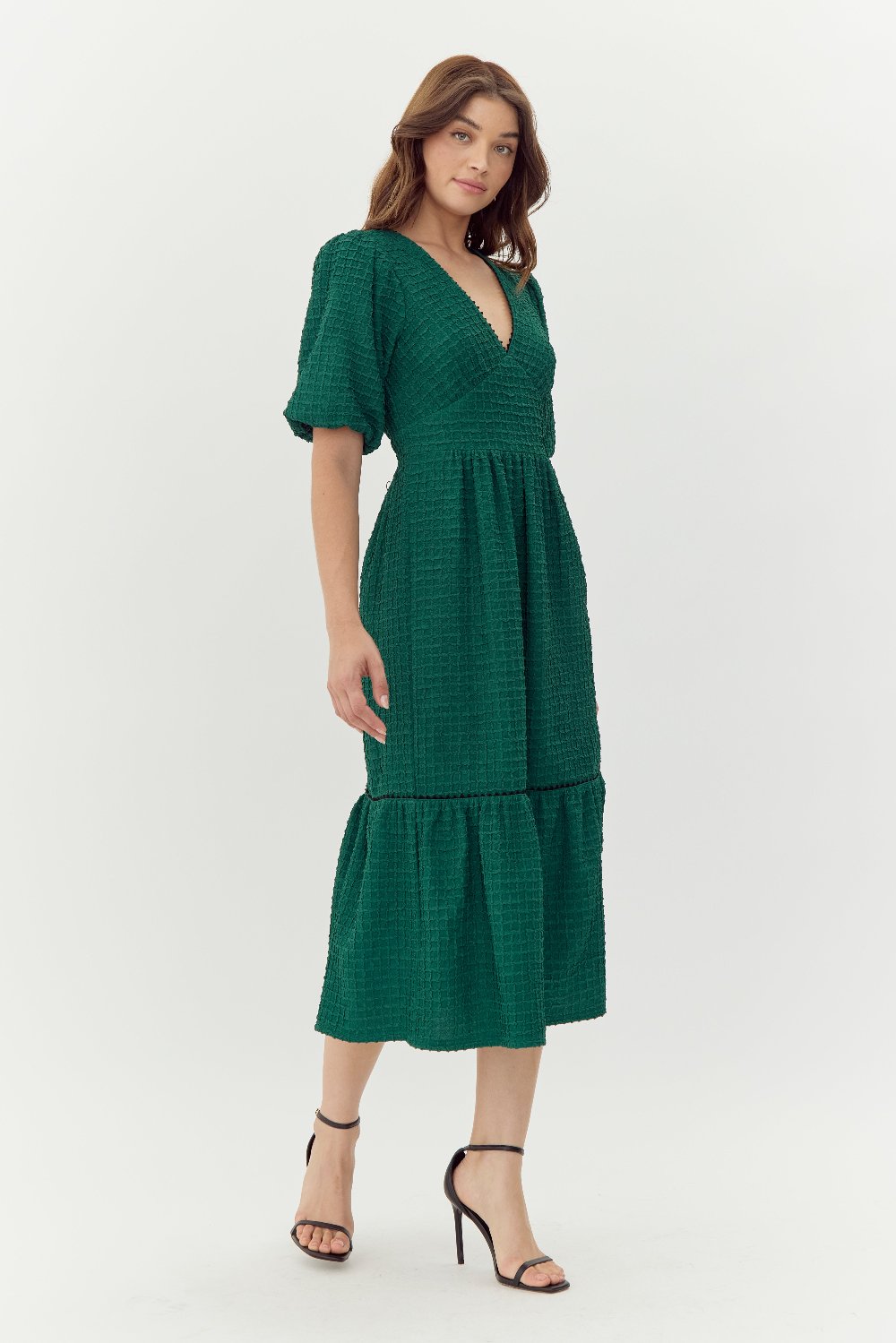 Kara Textured Midi Dress With Puff Sleeve