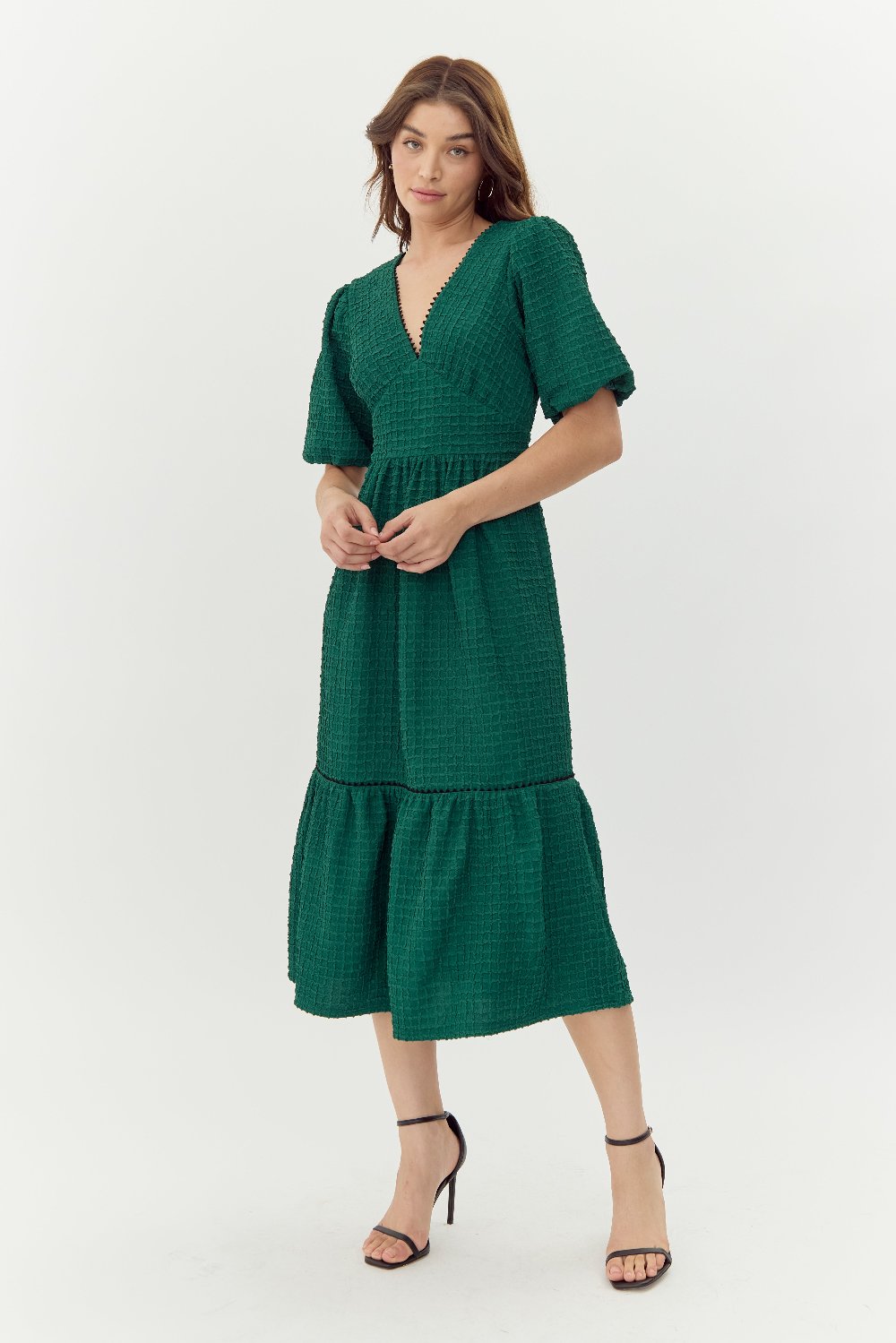 Kara Textured Midi Dress With Puff Sleeve