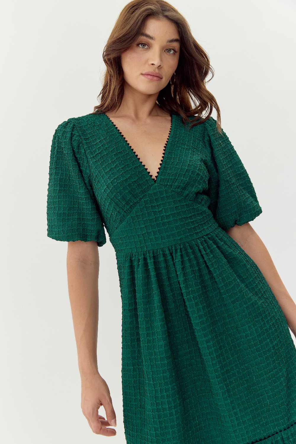 Kara Textured Midi Dress With Puff Sleeve