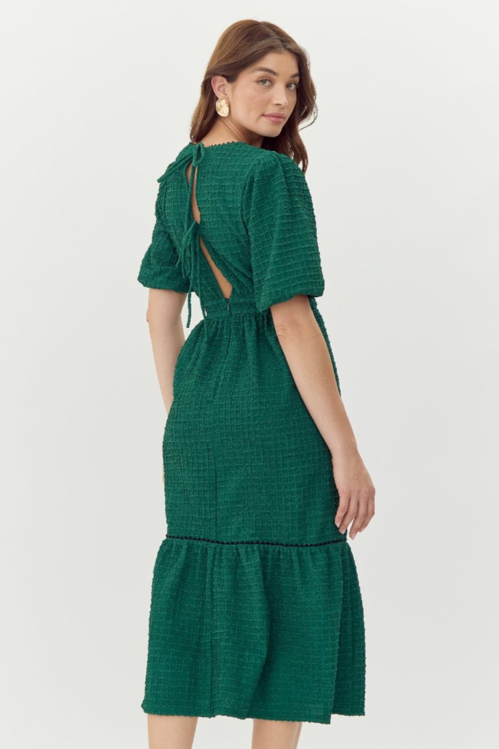 Kara Textured Midi Dress With Puff Sleeve