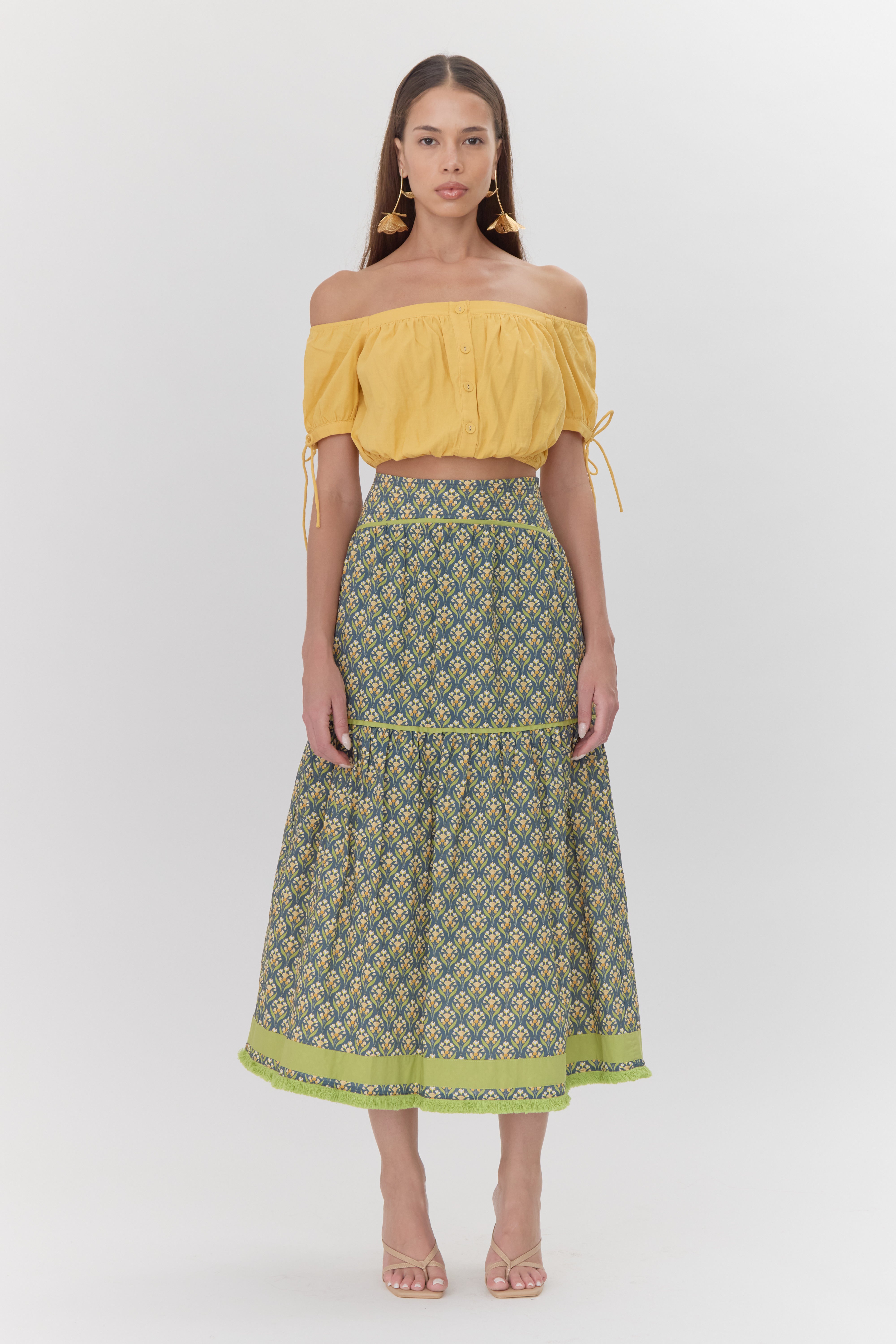 Elina Printed Tiered Midi Skirt