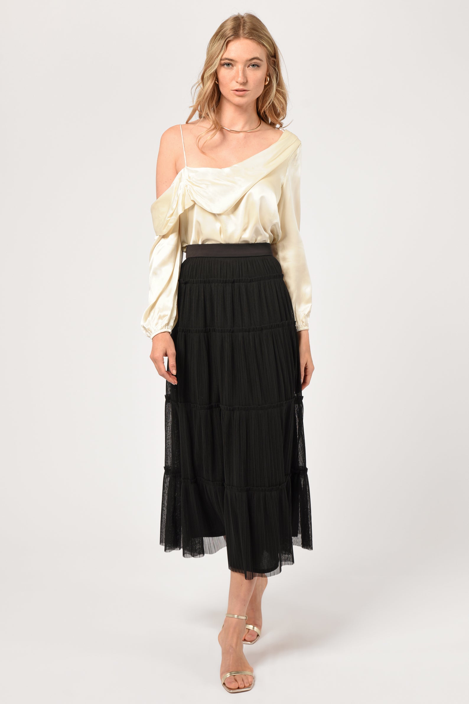 Regie Tiered Tulle Plisse Midi Skirt