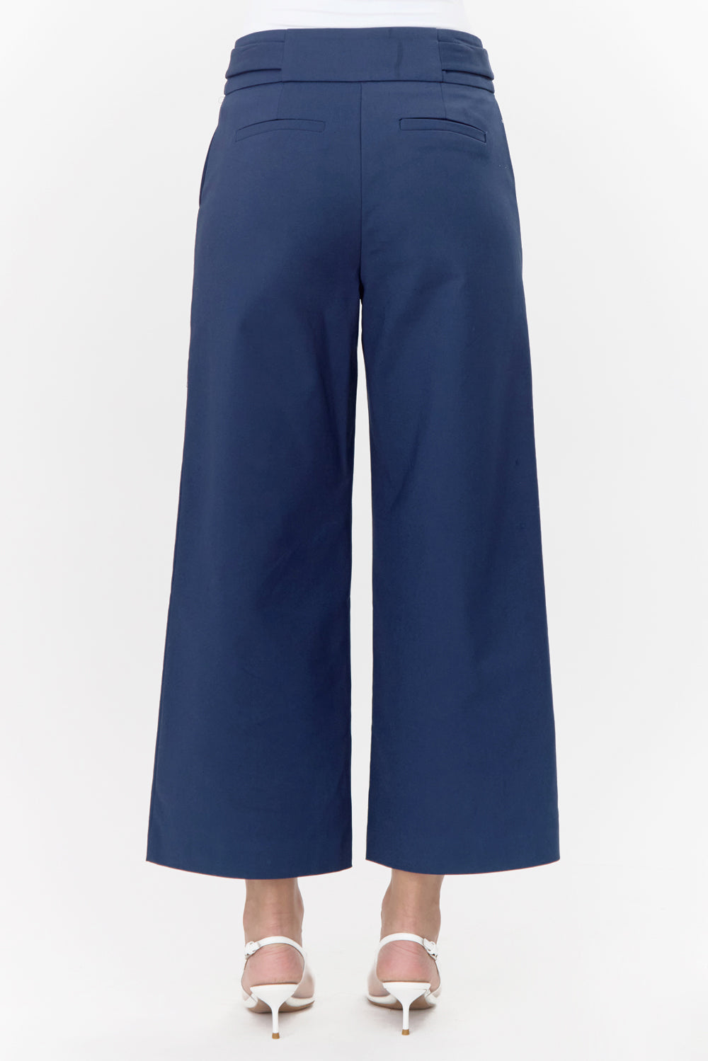 Back view of wide-leg, navy trousers.