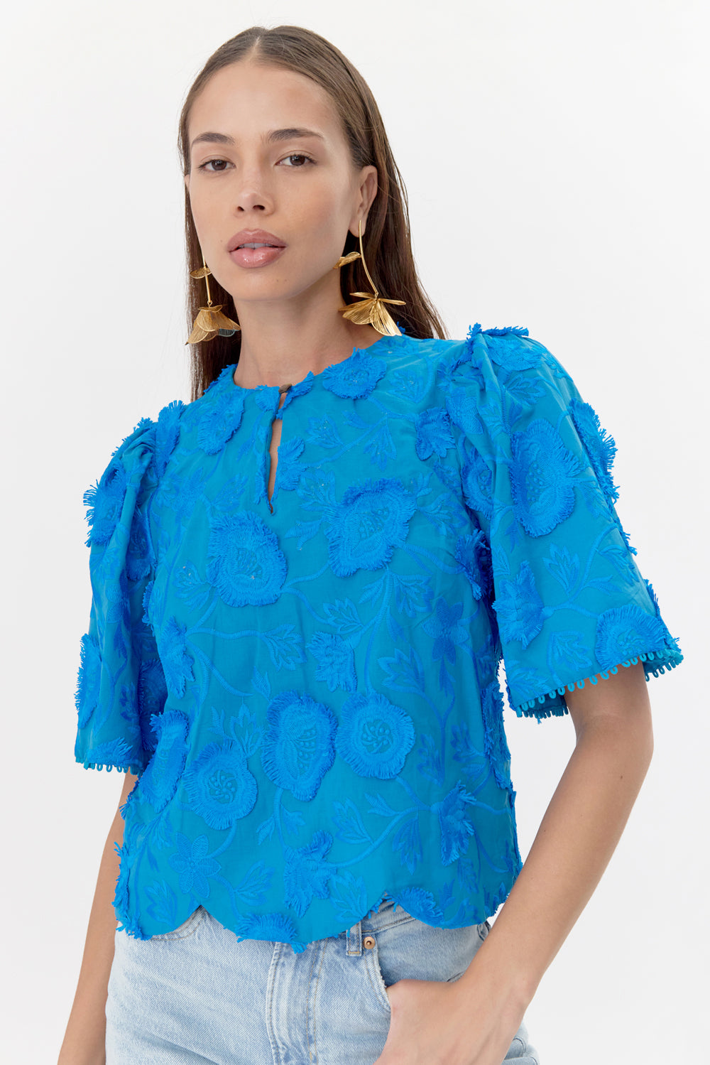 Darby 3D Embroidered Scalloped Hem Blouse