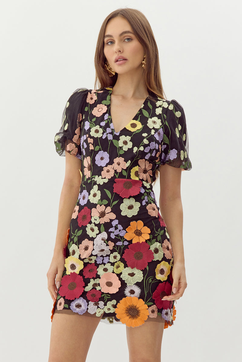 Nicole 3D Floral Puff Sleeve Mini Dress