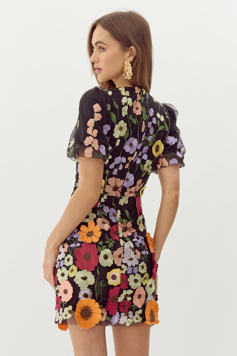 Nicole 3D Floral Puff Sleeve Mini Dress