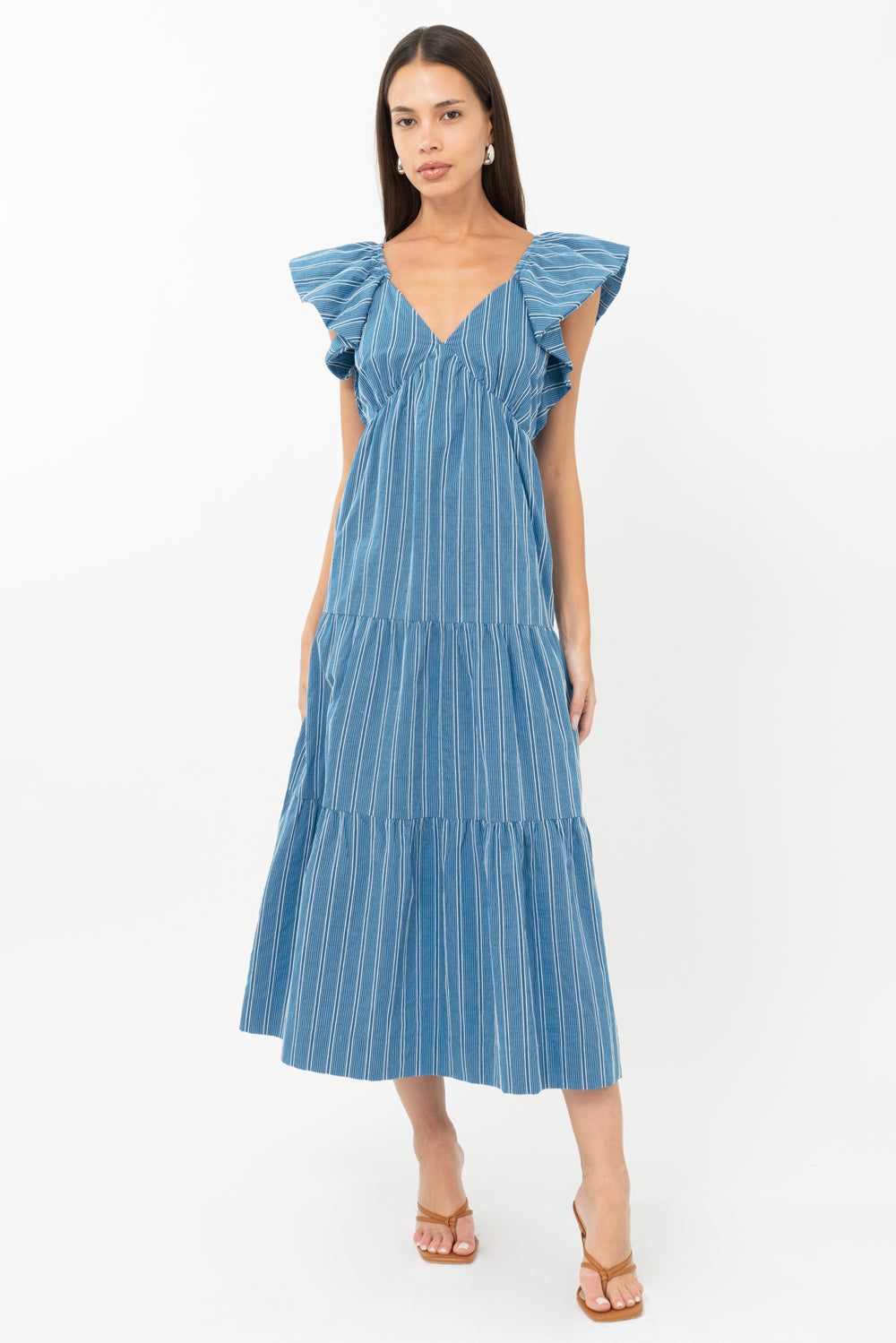 Shannon Striped Flutter Sleeve Tie Back Midi Dress