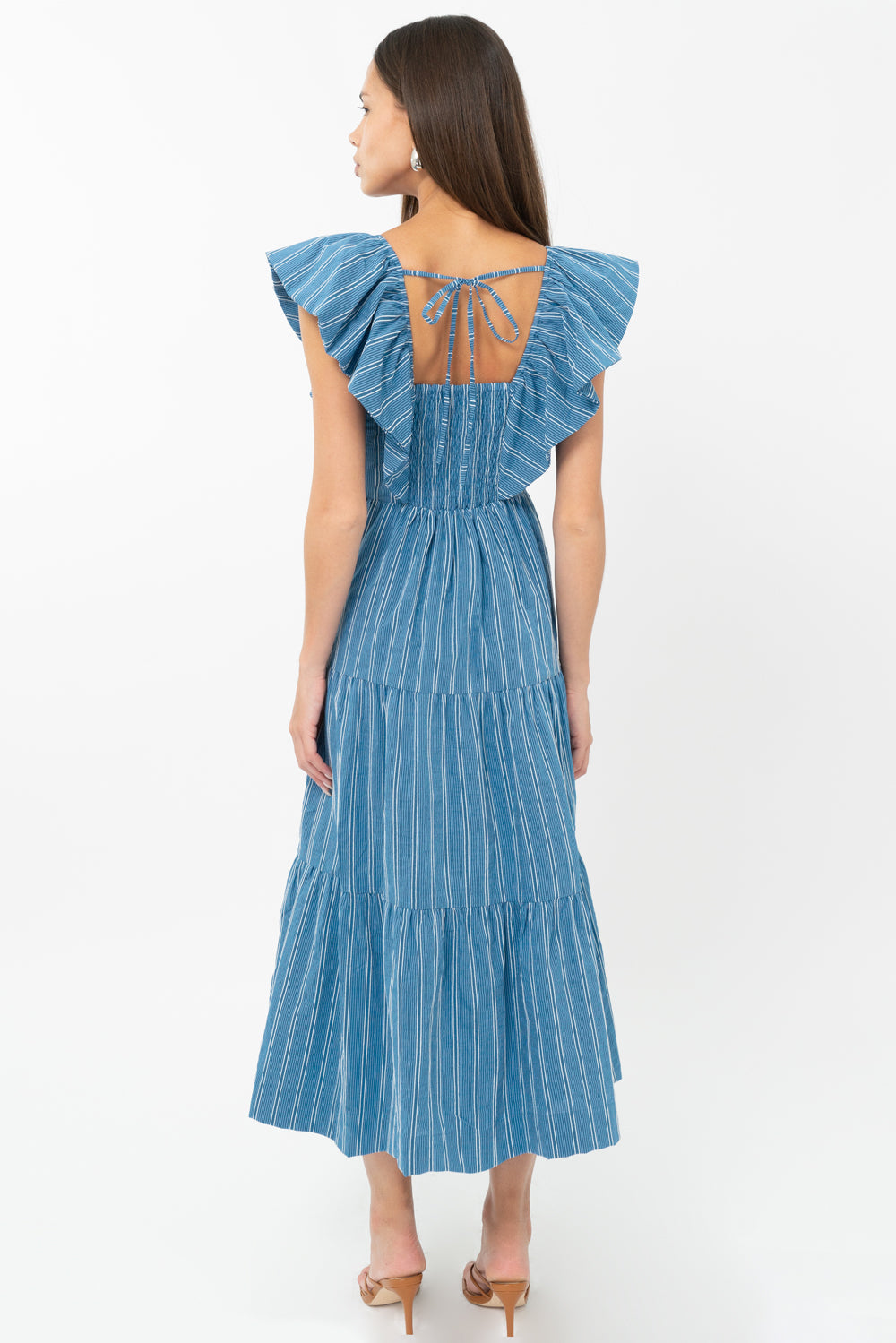 Shannon Striped Flutter Sleeve Tie Back Midi Dress