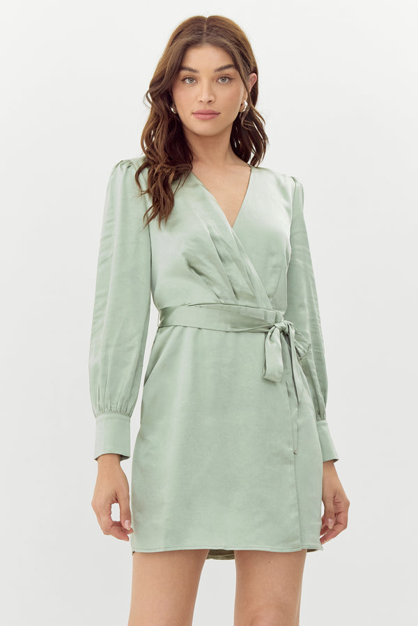 Tesora Satin Faux Wrap Dress