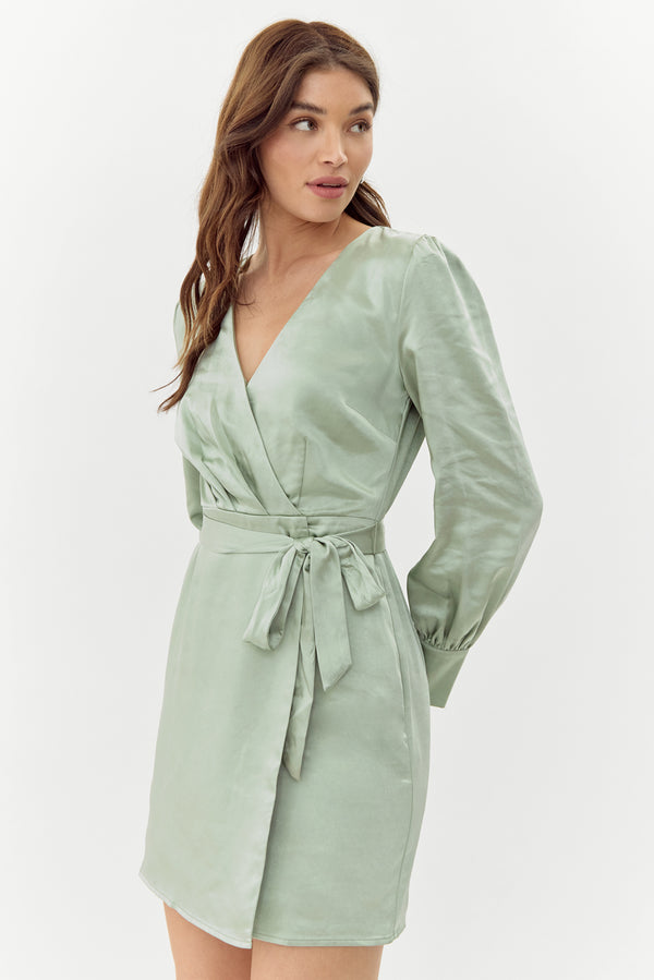 Tesora Satin Faux Wrap Dress