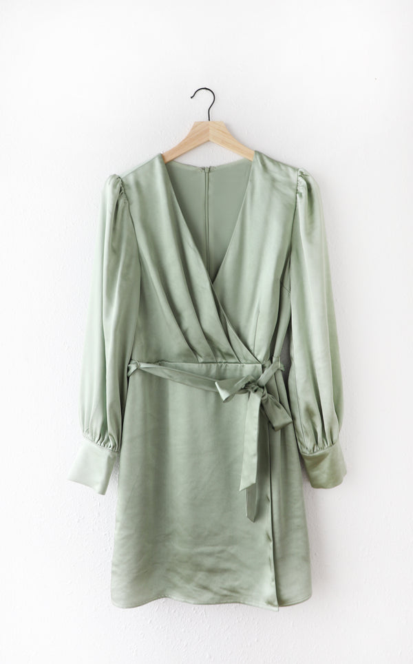 Tesora Satin Faux Wrap Dress