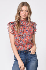 Printed smocked neck chiffon blouse