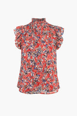 Red printed smocked chiffon top 