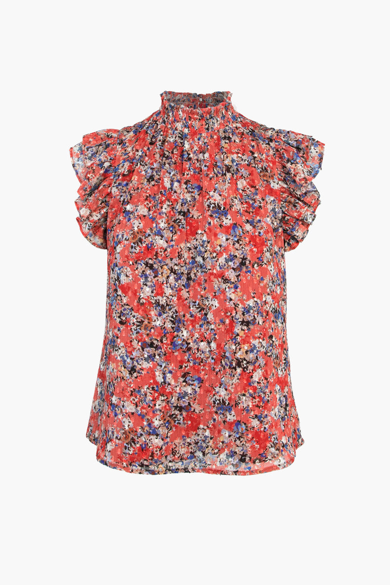 Red printed smocked chiffon top 